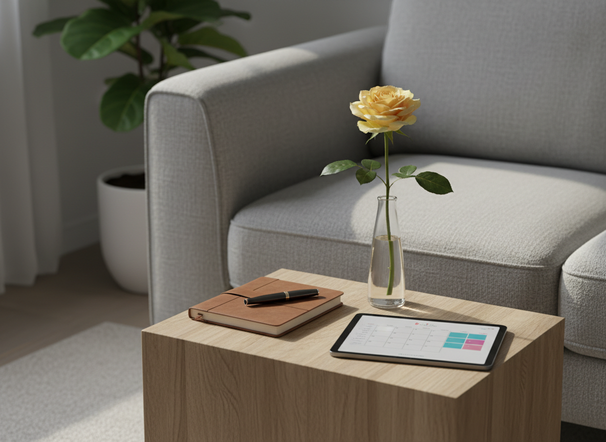 A serene corner of a contemporary living room with a plush, pale gray armchair angled slightly toward a low, natural wood side table holding a single yellow rose in a clear glass vase, symbolizing hope and growth. A neatly arranged notebook, fountain pen, and a tablet displaying a minimalistic calendar interface rest on the table, evoking structure and support in mental health treatment. Diffused afternoon light enters from an unseen window, creating soft highlights on the rose petals and gentle shadows along the armchair’s textured fabric. Captured in photographic realism with an eye-level, rule-of-thirds composition and a calm, muted color palette, the scene feels quiet, safe, and reflective, ideal for representing a therapeutic telehealth environment.