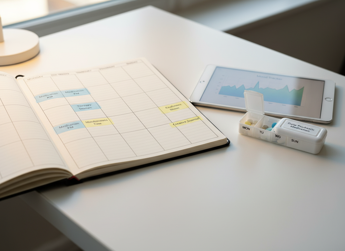 A close-up, photographic realist view of a structured weekly planner open on a smooth white desk, with days of the week neatly labeled and several tasks highlighted in soft blues and yellows, suggesting medication times and self-care activities. Beside it lies a slim digital tablet showing a simplified mood-tracking graph, and a small, labeled pill organizer with compartments closed, indicating careful psychiatric medication management. Gentle overhead daylight mixes with warm desk-lamp light, creating balanced, even illumination and slight shadows at the page edges. Shot from a slightly elevated angle with shallow depth of field, the planner and organizer are in crisp focus while the background fades into a soft blur, projecting clarity, organization, and a sense of manageable, collaborative treatment.